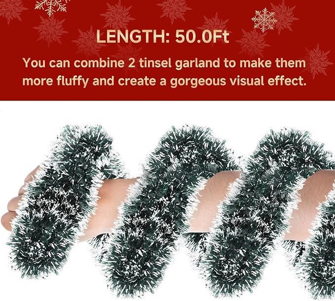 50Ft Christmas Tinsel Garland - Green White Shiny Metallic Twist Decor for Christmas Tree Home Stairs Railing Front Door Mantle Fireplace Indoor Outdoor Holiday Party