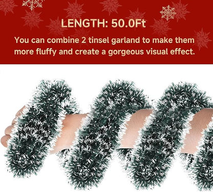 50Ft Christmas Tinsel Garland - Green White Shiny Metallic Twist Decor for Christmas Tree Home Stairs Railing Front Door Mantle Fireplace Indoor Outdoor Holiday Party