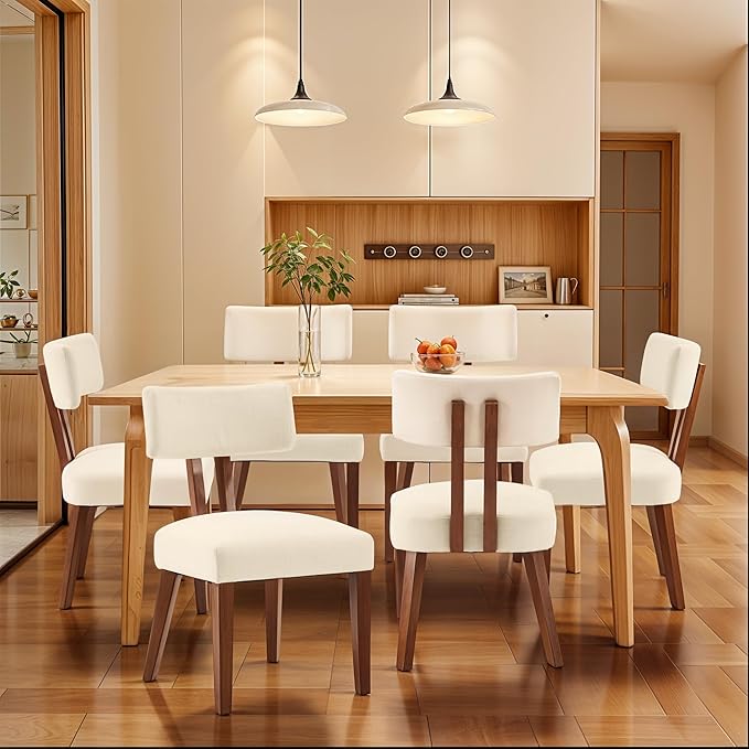 MOJAY Dining Chairs Set of 4, Mid Century Modern Kitchen Chair Linen Fabric Side Chairs with Curved Backrest for Kitchen, Dining Room, Restaurant, or Patio, Off-White