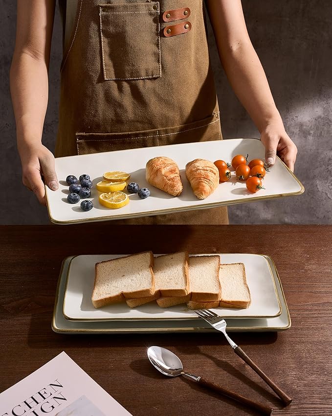 famiware Serving Platter, Rectangular 15.67/14.1/12.6inch Serving Dishes for Entertaining, Microwave Dishwasher Safe, Stoneware for Party, Turkey, Cheese, Ocean Series, Vanilla White