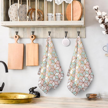 Pink Green Geometric Kitchen Towels Set of 2 Abstract Modern Absorbent Hand Tea Towels Farmhouse Holiday Home
