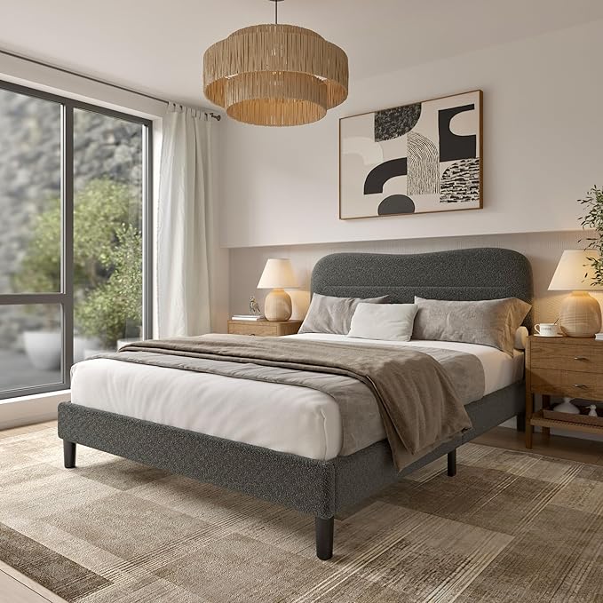 Queen Size Bed Frame with Headboard, upholstered Bed Frame Queen Size, Teddy Soft Boucle Fabric, Soft Cloud Marshmallow Shape Upholstered Headboard, No Box Spring Needed, Noise Free (Grey)