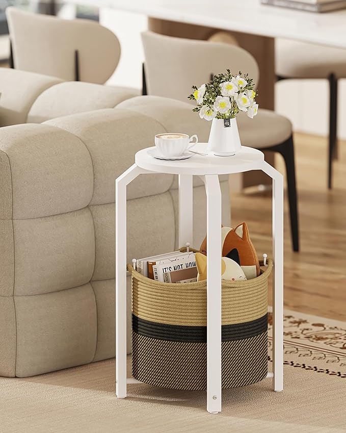 TUTOTAK Small Side Table, Round End Table, Night Stand, Bedside Table, Sofa Table with Storage Basket, Living Room, Bed Room, White and Black-Brown TB01BWK092