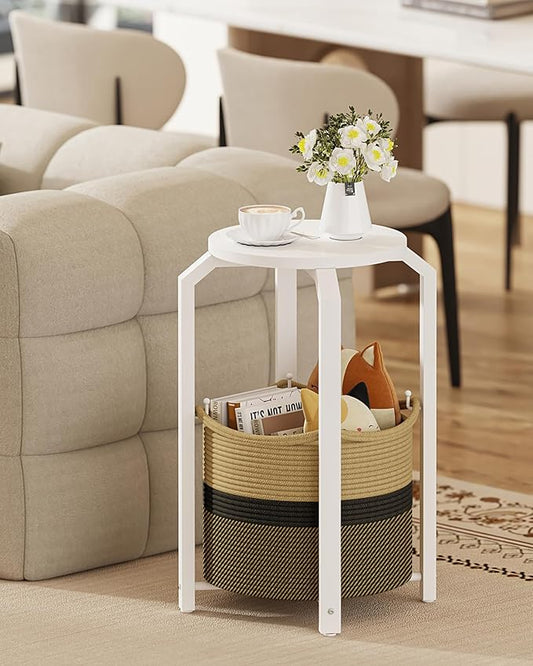 TUTOTAK Small Side Table, Round End Table, Night Stand, Bedside Table, Sofa Table with Storage Basket, Living Room, Bed Room, White and Black-Brown TB01BWK092