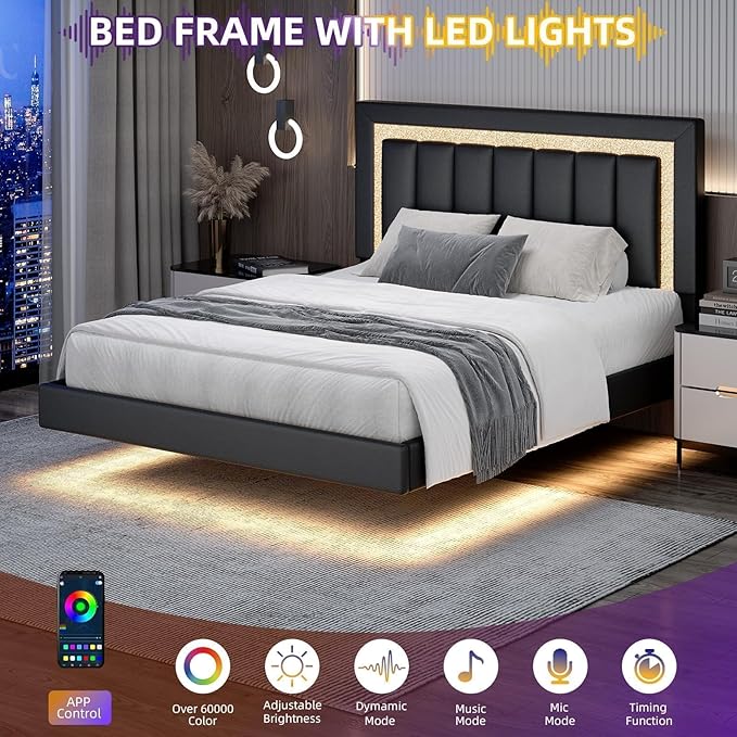 HOMBCK Floating Bed Frame Queen with Smart LED Lights, Faux Leather Upholstered Bed Frame Queen Size with Diamond Headboard, No Box Spring Needed, Noise Free, Easy Assembly, Black