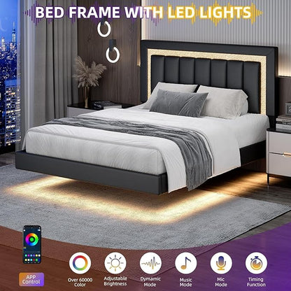 HOMBCK Floating Bed Frame Queen with Smart LED Lights, Faux Leather Upholstered Bed Frame Queen Size with Diamond Headboard, No Box Spring Needed, Noise Free, Easy Assembly, Black