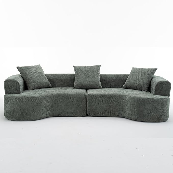 106" Chenille Curved Sectional Sofa with 3 Pillows, No Assembly Required, Comfy Boneless Loveseat Sectional Couches with Deep Seat, Half Moon Couch for Living Room/Apartment (Green)