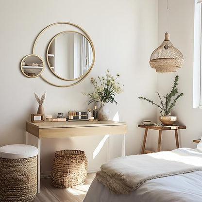 LuxenHome 31.5"x25.5" Round Wall Mirror, Orbit Modern Gold Metal Frame Wall Mounted Circles Decorative Accent Mirror for Bathroom Entryway, Bedroom, Living Room, Dining Room