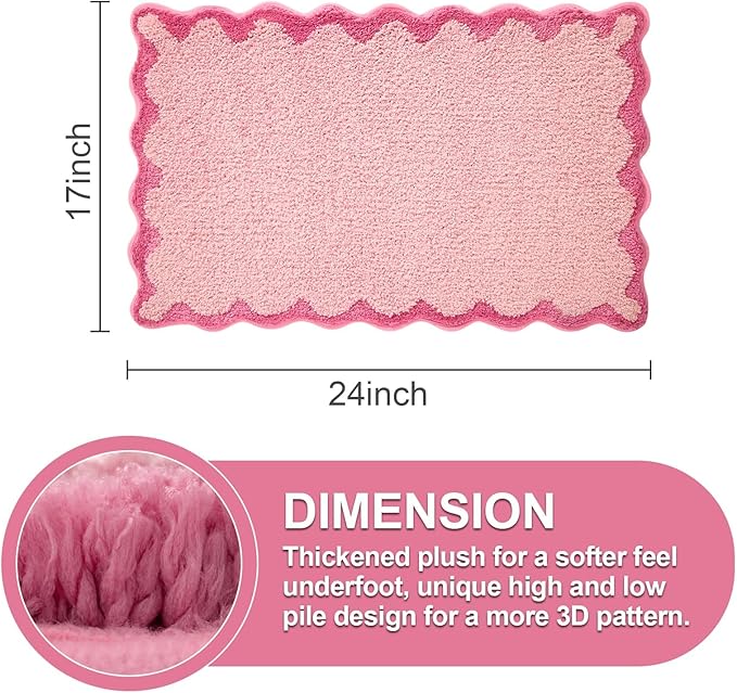 ORTIGIA Small Pink Scalloped Bath Mat, Cute Plush Microfiber Scallop Bathroom Rugs Non Slip Washable Quick Dry Absorbent, Bathmat for Shower Stall Vanities Kitchen Floor Entrance, 17x24