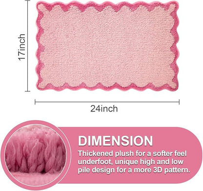 ORTIGIA Small Pink Scalloped Bath Mat, Cute Plush Microfiber Scallop Bathroom Rugs Non Slip Washable Quick Dry Absorbent, Bathmat for Shower Stall Vanities Kitchen Floor Entrance, 17x24