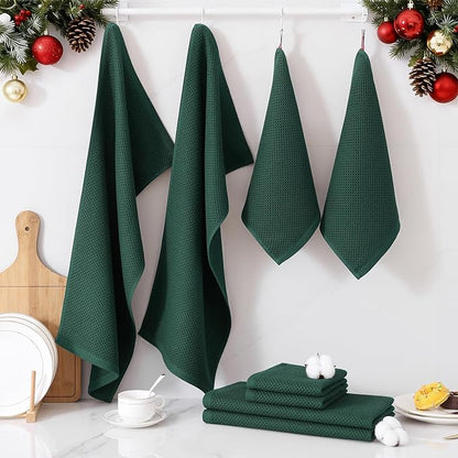 Homaxy 100% Cotton Kitchen Towels and Dishcloths Set, 12 x 12 Inches and 13 x 28 Inches, Set of 10 Bulk Kitchen Towels Set, Ultra Soft Absorbent Dish Cloths for Washing Dishes, Blackish Green