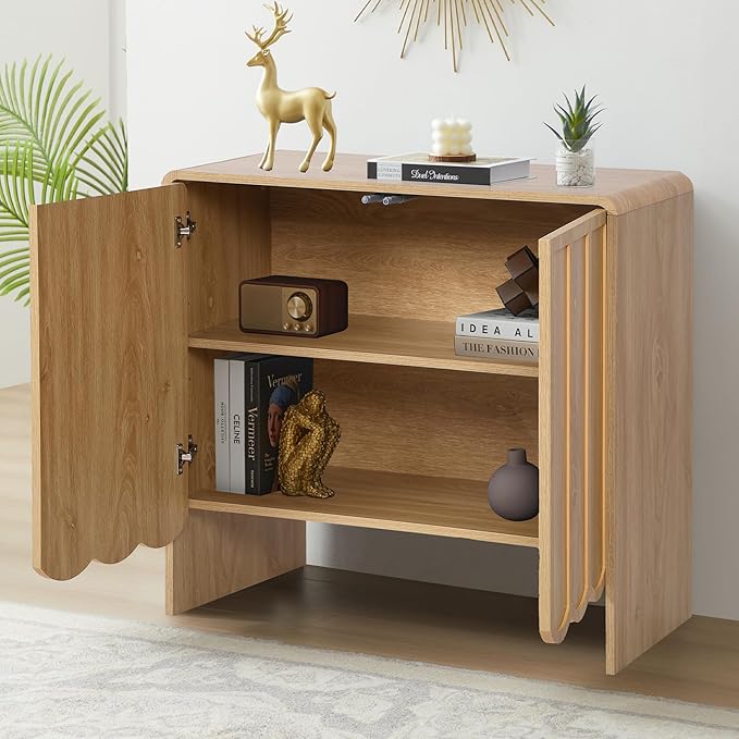 ORRD Accent Sideboard Buffet Cabinet, Storage Cabinets with 2 Doors, Farmhouse Wood Cabinet with Adjustable Shelves and Wave Panel for Living Room, Dining Room, Entry - Natural