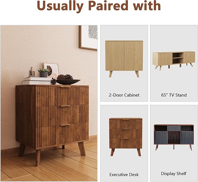 Fluted 3 Drawer Dressers, Modern Closet Dressers Chest of Drawers, Wood Storage Dresser Chest of Drawers Organizer for Bedroom Living Room Hallway Closet(Walnut)