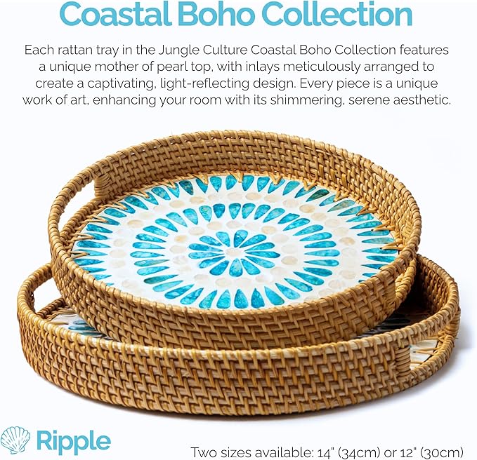 JUNGLE CULTURE Rattan Serving Tray 12" with Mother of Pearl Inlay • Coastal Boho Collection • Handcrafted Woven with Handles for Home • Round Dining Tray • Wicker Serving Basket – Ripple