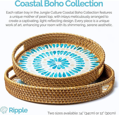 JUNGLE CULTURE Rattan Serving Tray 12" with Mother of Pearl Inlay • Coastal Boho Collection • Handcrafted Woven with Handles for Home • Round Dining Tray • Wicker Serving Basket – Ripple