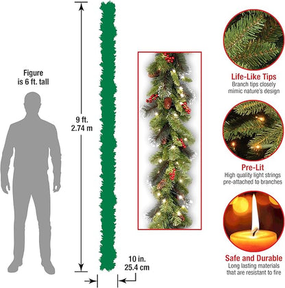 National Tree Company 9 ft Pre-Lit Crestwood Spruce Artificial Christmas Garland, Christmas Decoration with Glitter, Pinecones, Red Berries, 50 Clear Lights, 180 Tips, Green