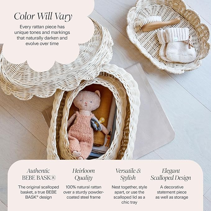 BEBE BASK The Original Scalloped Basket Set Of 2 – Small Scallop Basket - 15 x 10 x 6 In - Hand-Woven & Award-Winning - Elegant Wicker With Scalloped Edge Lid - Nursery Storage - (Natural)
