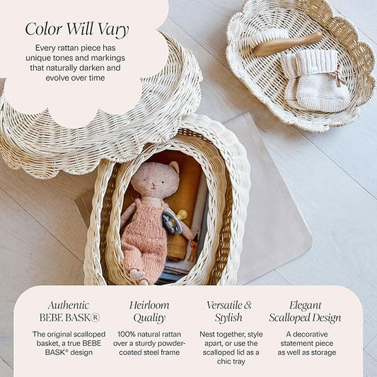 BEBE BASK The Original Scalloped Basket Set Of 2 – Small Scallop Basket - 15 x 10 x 6 In - Hand-Woven & Award-Winning - Elegant Wicker With Scalloped Edge Lid - Nursery Storage - (Natural)