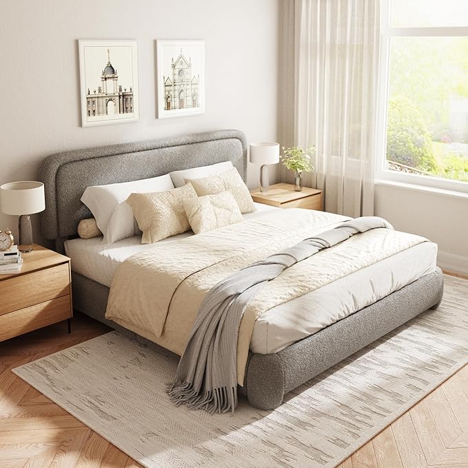 King Size Boucle Bed Frame, Cloud Upholstered Platform Bed with Height Adjustable Headboard & Soft Rounded Corners, No Box Spring Needed, Noise Free, Easy Assembly, Light Grey