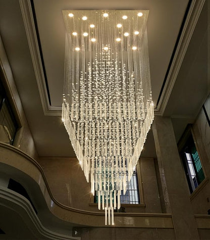 W40 x H120 Glam Chandelier with LED Bulbs Square Chandeliers, Crystal Raindrop High Ceiling Pendant Light for Entrance Large Villa Foyer Lighting Fixtures Gold