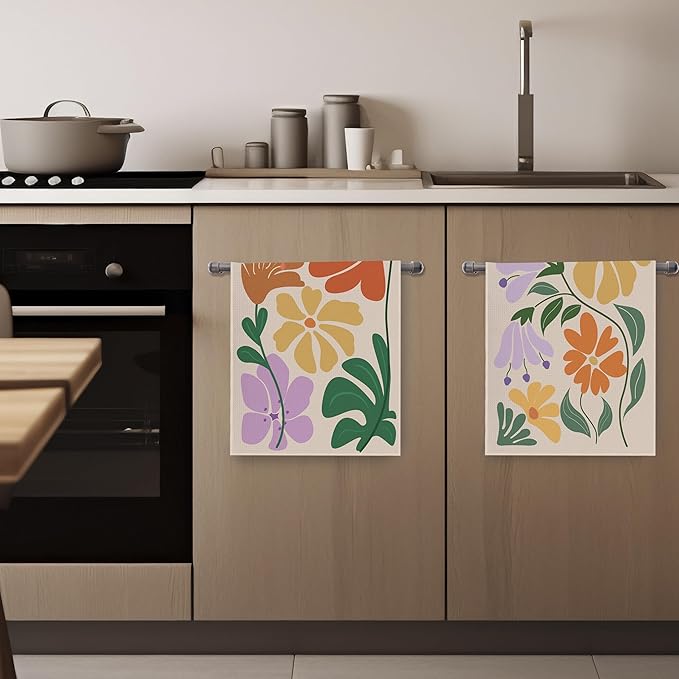 Boho Floral Dish Towels Vintage Abstract Flowers Waffle Weave Colorful Flower