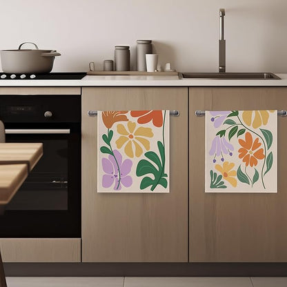 Boho Floral Dish Towels Vintage Abstract Flowers Waffle Weave Colorful Flower