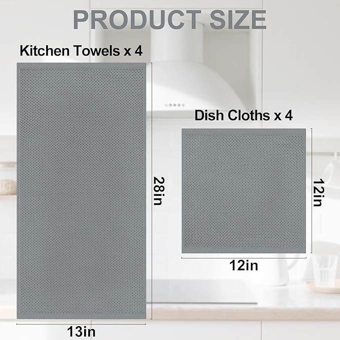 Homaxy 100% Cotton Kitchen Towels and Dishcloths Set, 12 x 12 Inches and 13 x 28 Inches, Set of 8 Bulk Kitchen Towels Set, Ultra Soft Absorbent Dish Cloths for Washing Dishes, Grey
