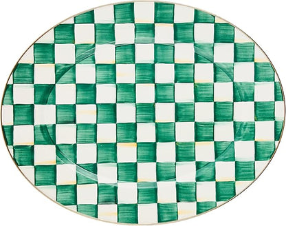 MACKENZIE-CHILDS Enamel Oval Platter, Serving Plate for Entertaining, Large, Green-and-White Emerald Check