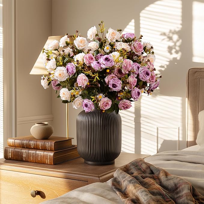 Artificial Flowers for Outdoor 4 Bundles Rose Bouquet with Daisy Faux Flowers UV Resistant for Home Indoor Outside Garden Porch Window Box Balcony Yard Porch Decor (White+Purple)