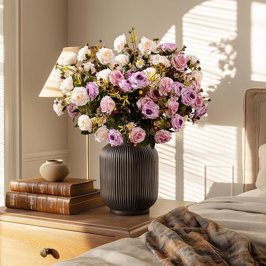 Artificial Flowers for Outdoor 4 Bundles Rose Bouquet with Daisy Faux Flowers UV Resistant for Home Indoor Outside Garden Porch Window Box Balcony Yard Porch Decor (White+Purple)