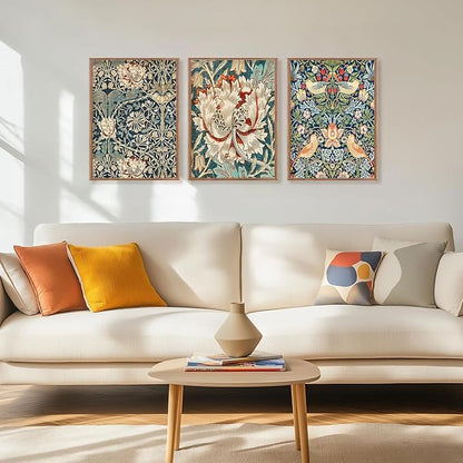 ILLBDR Framed Wall Art William Morris Botanical Flower Canvas Wall Art Set of 3, William Morris Print Abstract Floral Artwork Farmhouse Rustic Decor for Living Room Bedroom 16x24 Inch