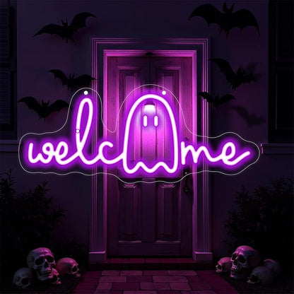 Welcome Ghouls Neon Sign, Spooky Ghost LED Halloween Decor, Haunted House Entryway Light, Available Gothic Haunted Mansion Light for Bedroom Bar Cave Room Decor Party Home-Purple