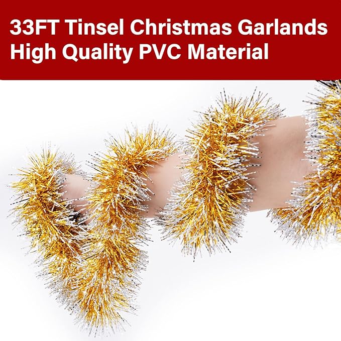 33FT Gold Tinsel Christmas Garland Metallic Twist Shiny Garland for Christmas Tree Decorations, Xmas Holiday Hanging Garland for Home Indoor Outdoor Party Supplies Decor (Gold)