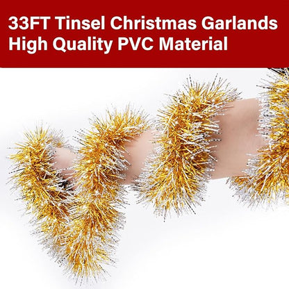 33FT Gold Tinsel Christmas Garland Metallic Twist Shiny Garland for Christmas Tree Decorations, Xmas Holiday Hanging Garland for Home Indoor Outdoor Party Supplies Decor (Gold)
