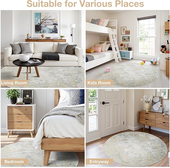 Round Rug 6ft Circle Rug Washable: Carpet Small Circular Area Rug for Entryway Kitchen Bedroom Dining Room Living Room 6 Feet Abstract College Dorm Non Slip Low Pile Beige Grey