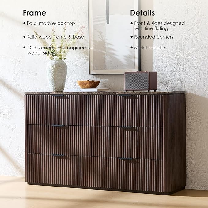Fluted 6 Drawer Dresser for Bedroom, 54.5" Wide Modern Chest of Drawers with Faux Marble Top, Curved Corners, Wooden Dresser TV Stand with Organizer Storage for Living Room, Dark Oak