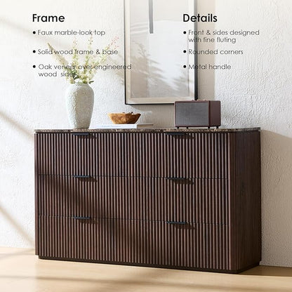 Fluted 6 Drawer Dresser for Bedroom, 54.5" Wide Modern Chest of Drawers with Faux Marble Top, Curved Corners, Wooden Dresser TV Stand with Organizer Storage for Living Room, Dark Oak