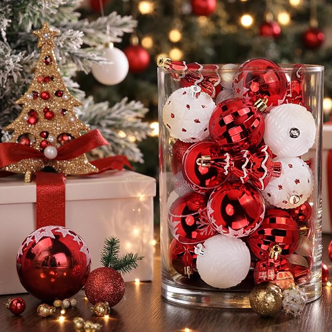 DeckTheHalls 42 Pcs Christmas Ornaments, Various Styles of Christmas Ball Ornaments, Shatterproof Christmas Balls for Holiday Xmas Tree Decor, Hanging Ornament for Indoor Decoration (Red & White)