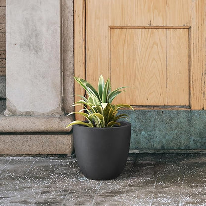 Kante 10 Inch Dia Round Concrete Planter, Indoor Outdoor Large Plant Pot with Drainage Hole and Rubber Plug for Home Patio Garden, Black