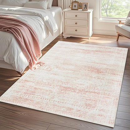 Washable Rugs 9x12 Area Rugs for Living Room,Rugs for Bedroom,Large Carpets,Ultra Soft Faux Wool Retro Dining Room Rug,Non Slip&Non-Shedding Low Pile Vintage Print Rug for Home Office-Pink White