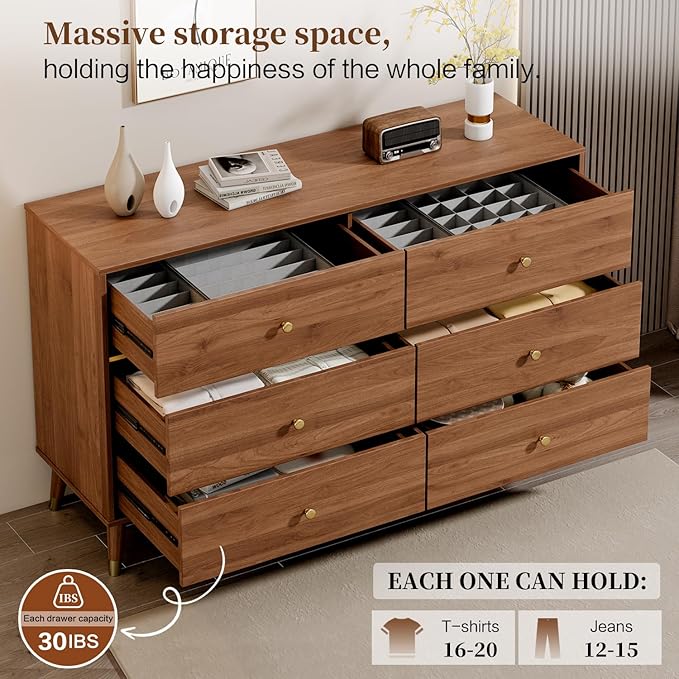 6 Drawer 47" Wide Mid Century Wooden Chest of Drawers, Walnut