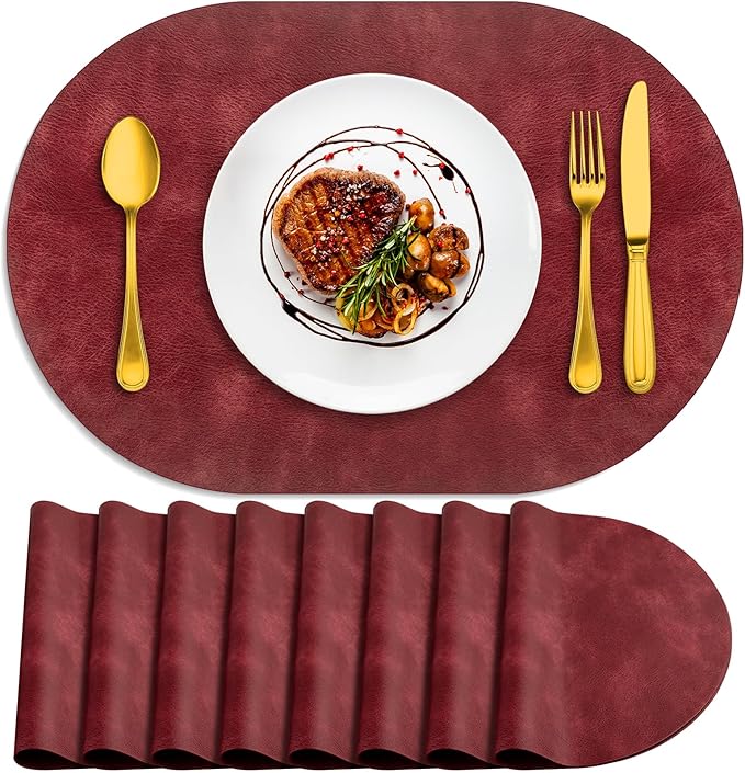 ADRIMER Placemats, Heat Resistant Oval Placemats Set of 8 Washable 12 x 17 Inch, Waterproof Table Mats, Wipeable Pu Place Mats for Kitchen, Dining Room, Wine Red