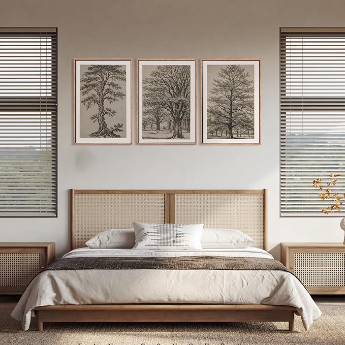 HOURIA Vintage Tree Sketch Framed Canvas Wall Art Set,Natural Brown and Gray Woodland Wall Decor,Mid Century Nature Forest Artwork,Textured Botanical Art Print for Living Room,Bedroom,Office-24"x36"x3