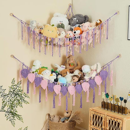 Pretty Jolly Stuffed Animal Storage with Hand Woven Leaf Tassels Hammock Corner Hanging Net Boho Macrame Plush Storage for Kid Room Nursery Decor Wall Display Organizer for Girls Boy Gift(Purple)