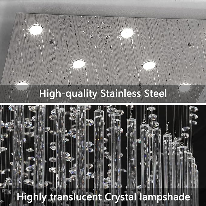 W40 x H120 Glam Chandelier with LED Bulbs Square Chandeliers, Crystal Raindrop High Ceiling Pendant Light for Entrance Large Villa Chandelier Foyer Lighting Fixtures Silver