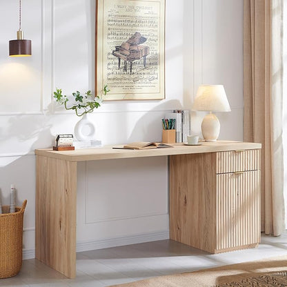 JXQTLINGMU 60" Modern Executive Desk with Storage, Wood Home Office Desk with Drawer & Cabinet, Fluted Computer Writing Desk for Study, Living Room, Bedroom, Oak