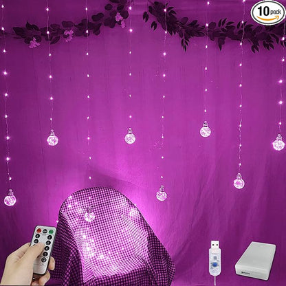 YOLIGHT Wishing Ball Curtain Lights 200 LED Window Curtain String Light with Remote, USB Battery Powered Twinkle Globe Fairy Lights for Wedding Party Bedroom Christmas Decoration (Pink)