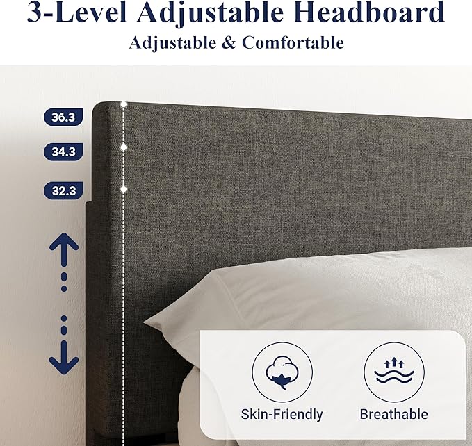 Allewie King Size Bed Frame with Adjustable Headboard, Upholstered Platform Bed with Wood Slats, Heavy Duty Mattress Foundation, No Box Spring Needed, Noise-Free, Easy Assembly, Dark Grey