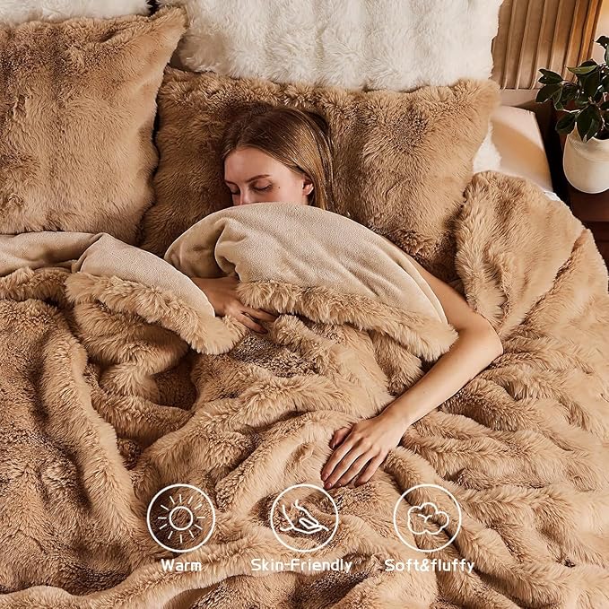 Lotus Karen Faux Fur Full Comforter Set – Brown Fluffy Comforter Full Size, Big Bubble Faux Rabbit Fur Bedding Comforter Sets, Winter Warm Cozy Fuzzy Bed Set 3 Pieces, 1 Comforter and 2 Pillowcases