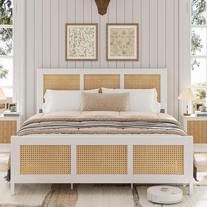 GarveeHome King Size Rattan Bed Frame with Headboard, White Boho Cane Platform Bed Frame with Strong Metal Slat, Noise Free, No Box Spring Needed
